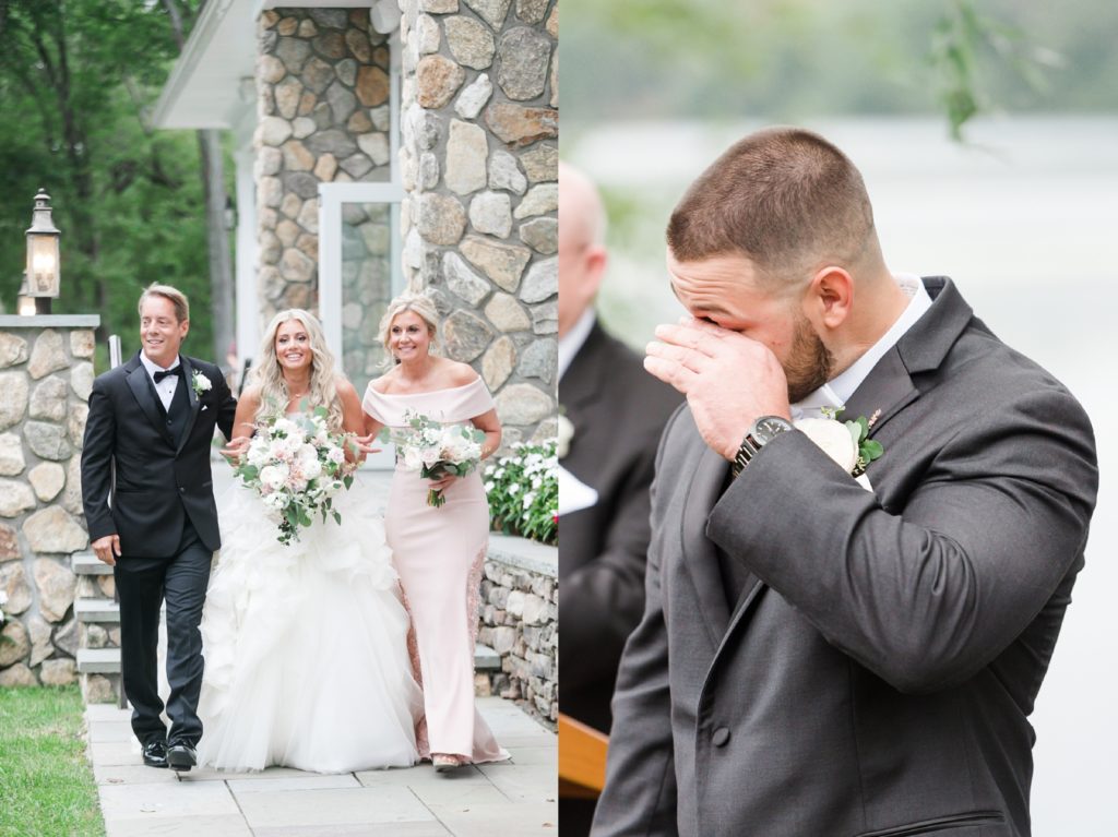 emotional first look groom seeing bride come down the aisle at wedding ceremony