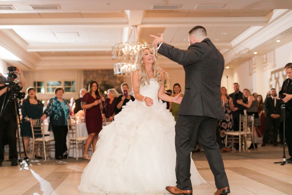 bride and groom epic first dance at franklin lakes nj wedding venue
