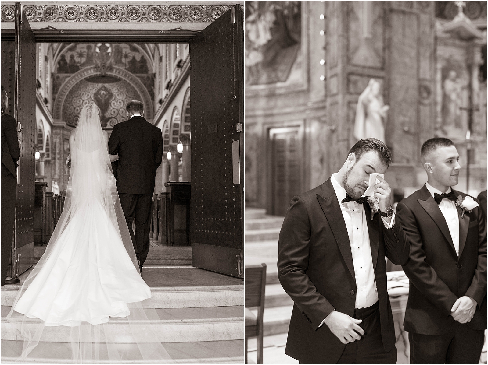 bride wears long cathedral wedding veil on wedding day new york