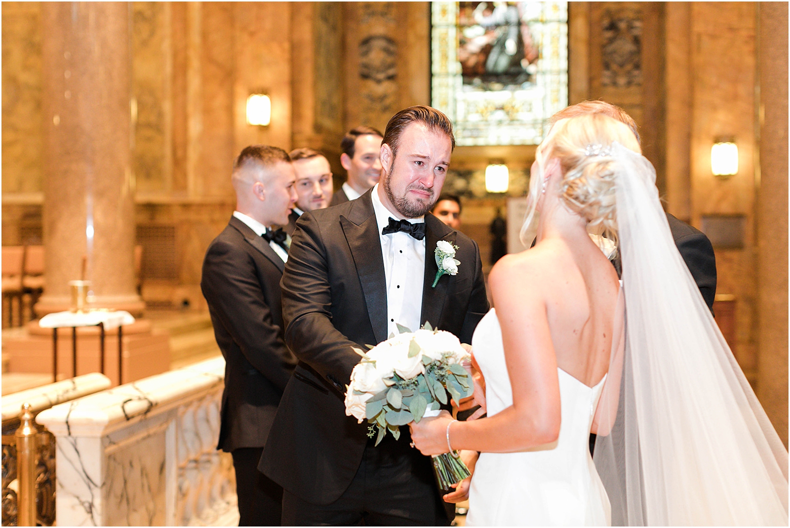 emotional groom seeing bride come down the aisle