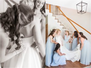 bridesmaids help bride get info wedding dress on her wedding day