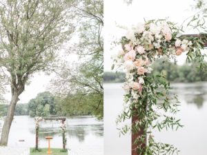 wedding arch by the lake with blush and white wedding florals at indian trail club franklin lakes nj