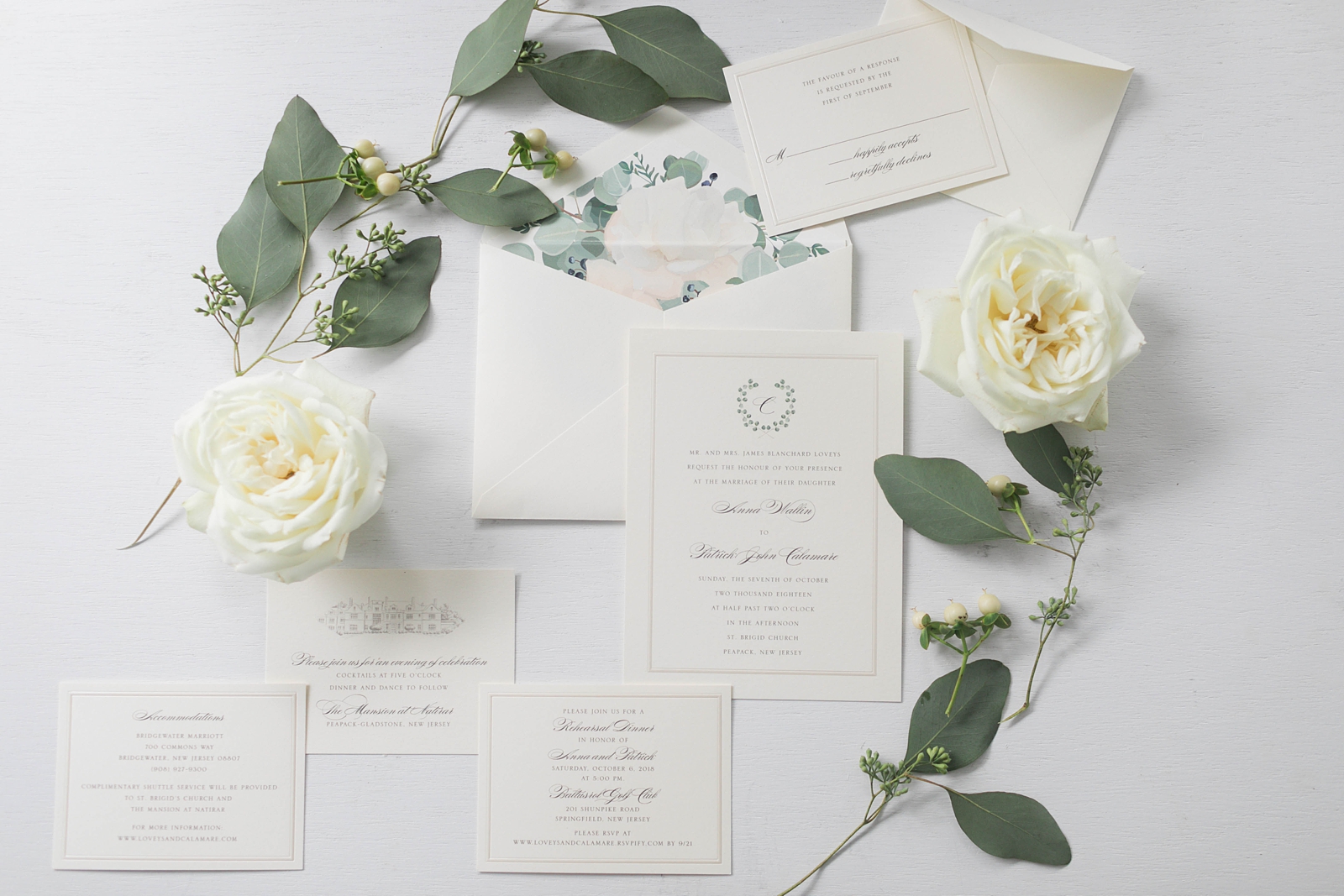 green and white romantic invitation suite with white roses