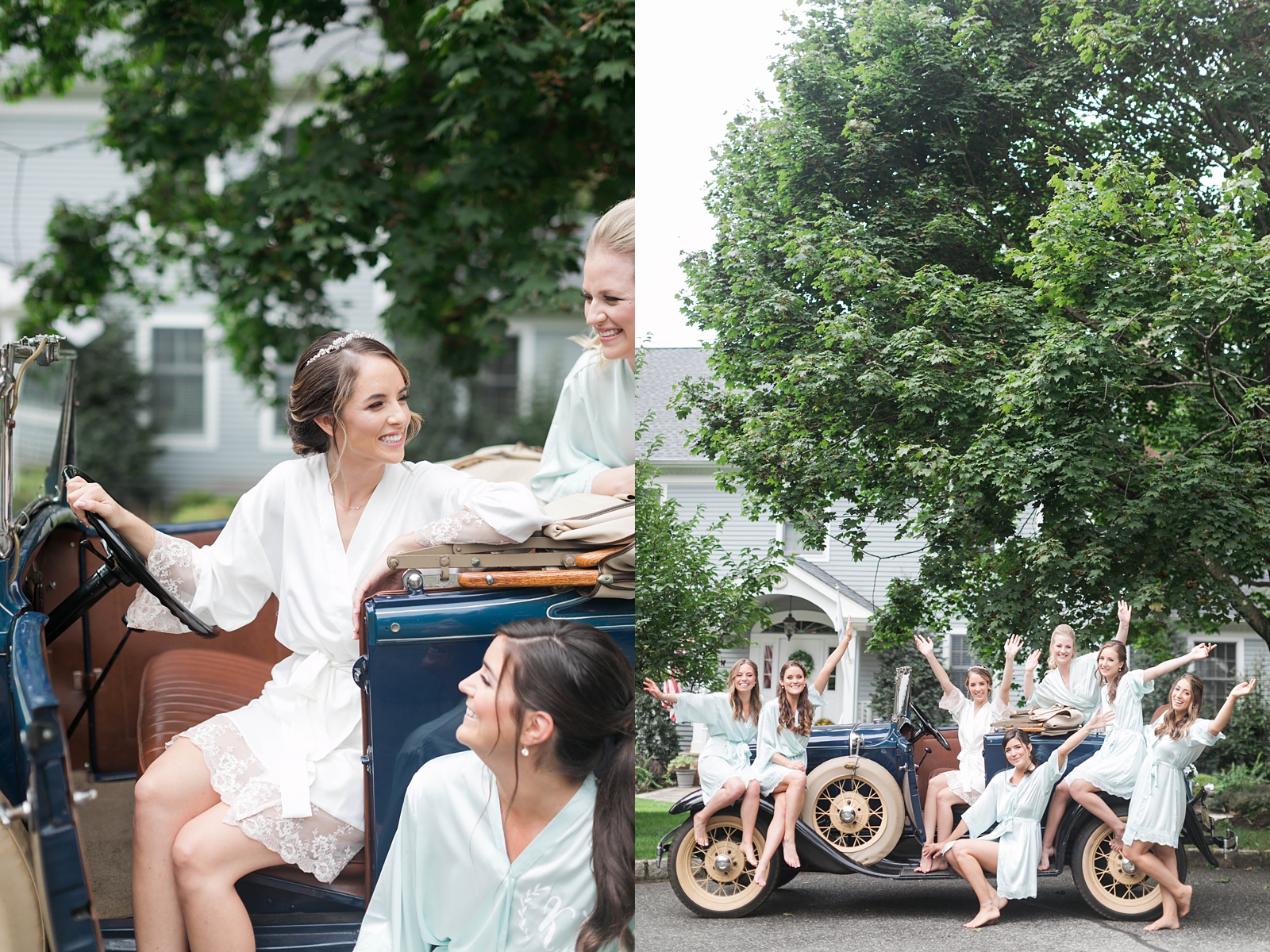 bride and bridesmaids ride in blue antique car to wedding at The Mansion at Natirar