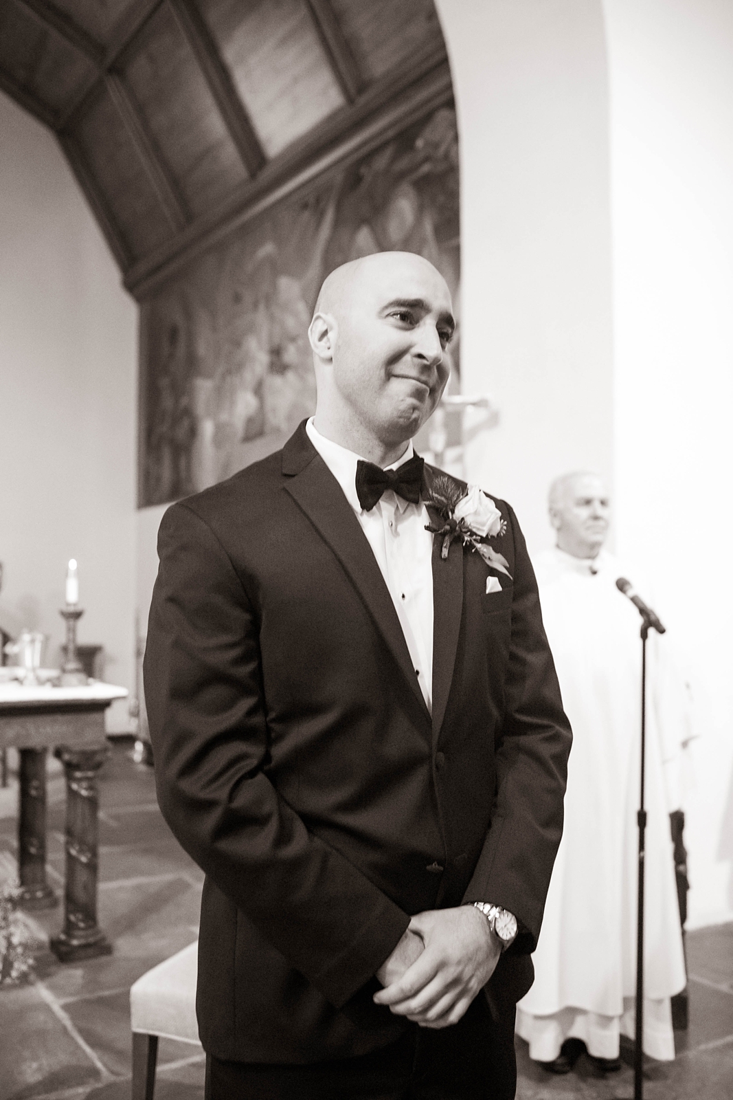 grooms emotional reaction to seeing bride come down the aisle at The Mansion at Natirar Wedding