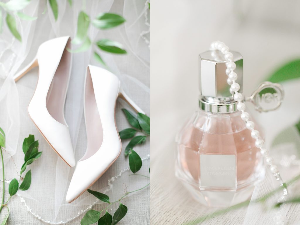classic and timeless bridal details pink perfume and white classic high heels