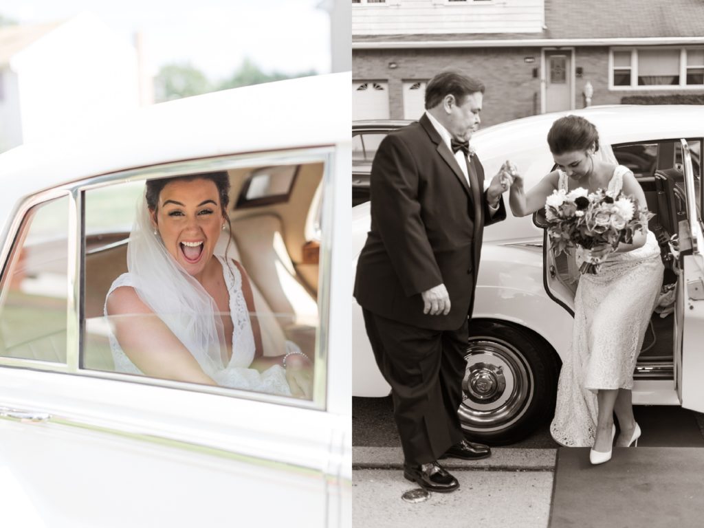 father of the bride and bride arrive in a white classic antique car in new jersey wedding