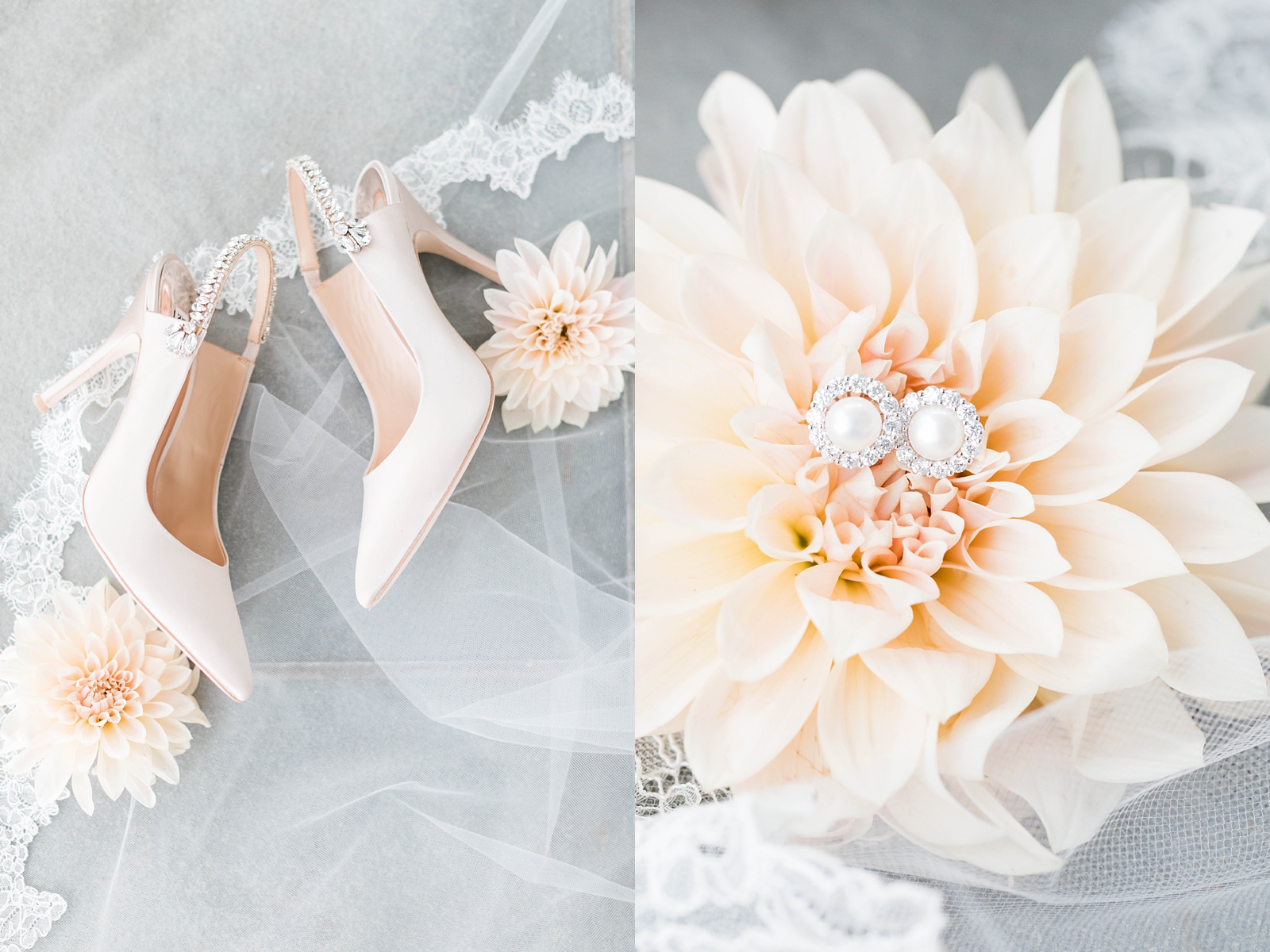 beautiful peach and blush wedding shoes and pearl diamond earrings
