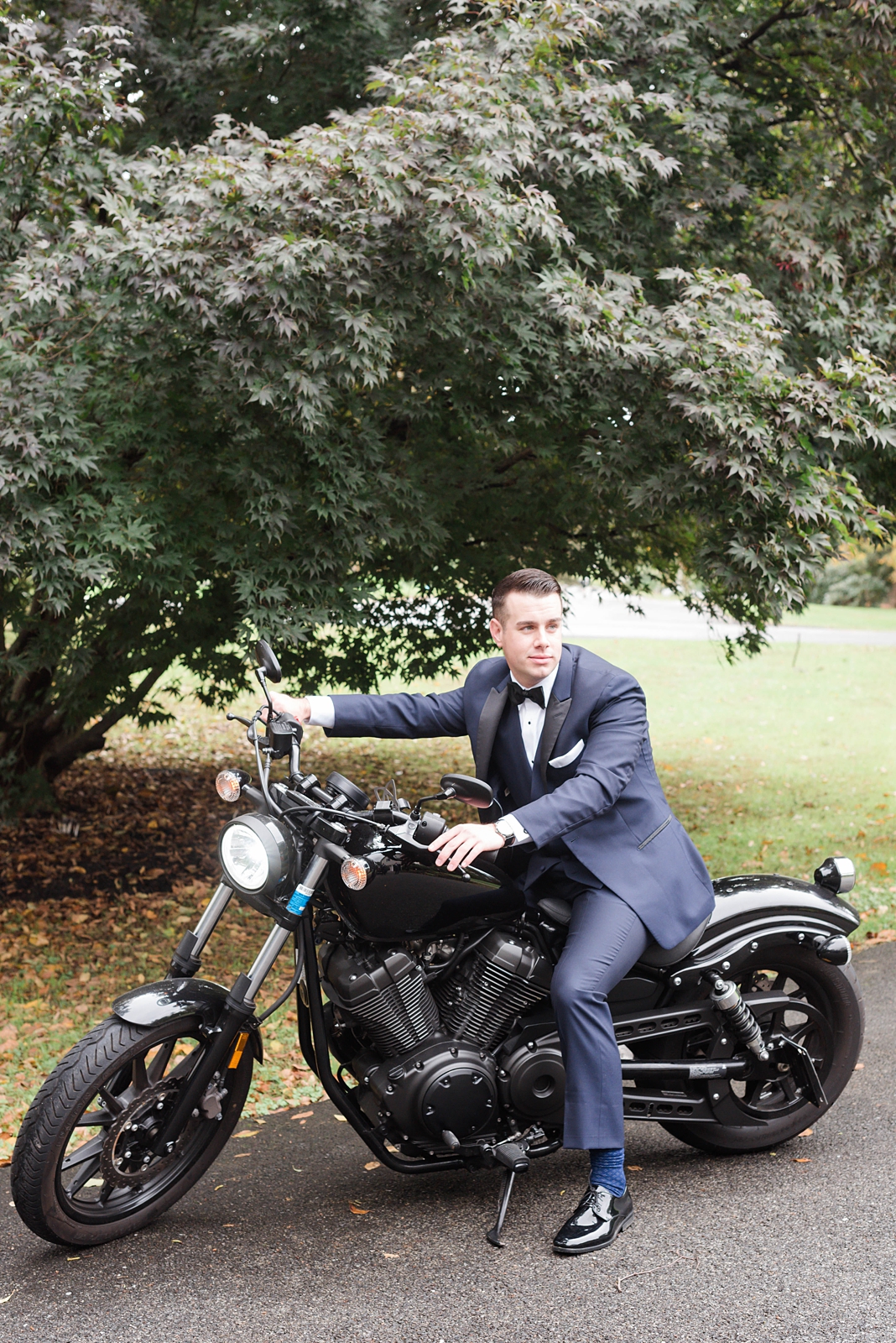 groom arrives to his wedding day on a motorcycle in westchester ny wedding