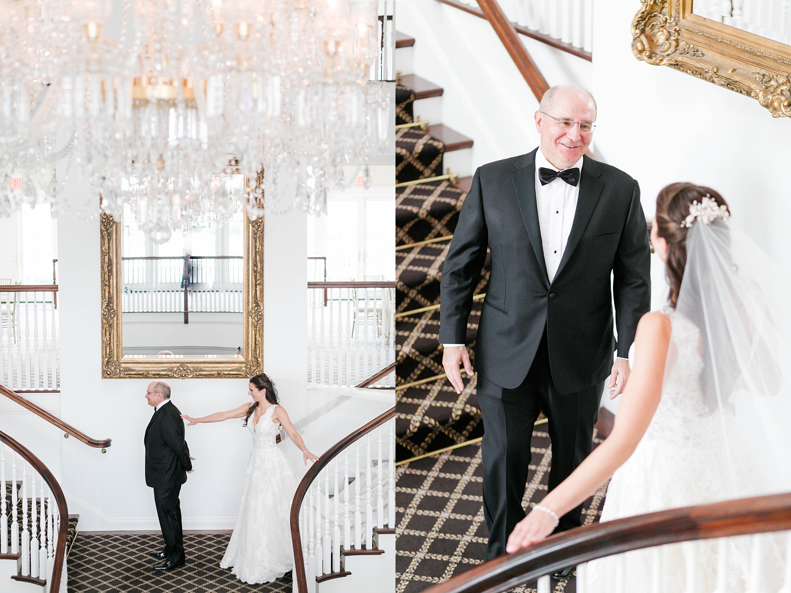 brides first look with her father coming down the stairs at the Trump National Golf Club Westchester new york