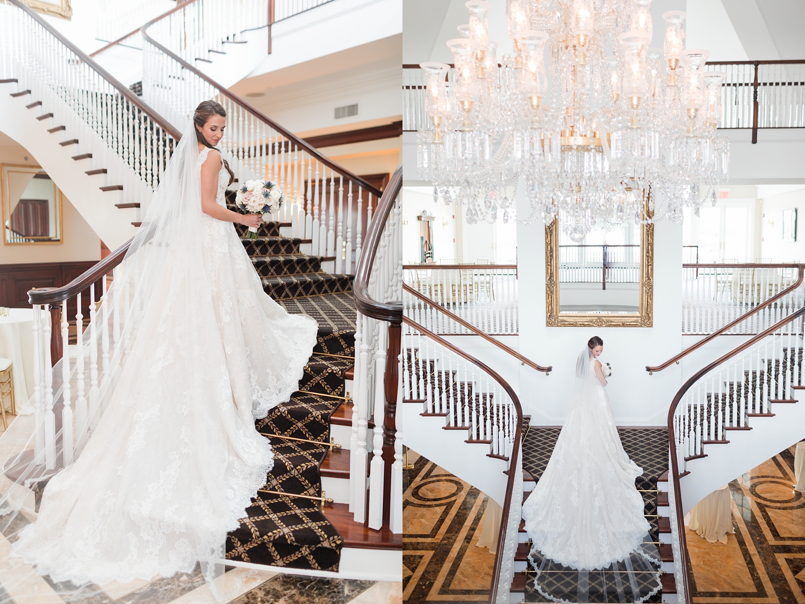brides dress with a long train and veil stretched out over the stairs of the Trump National Golf Club Westchester