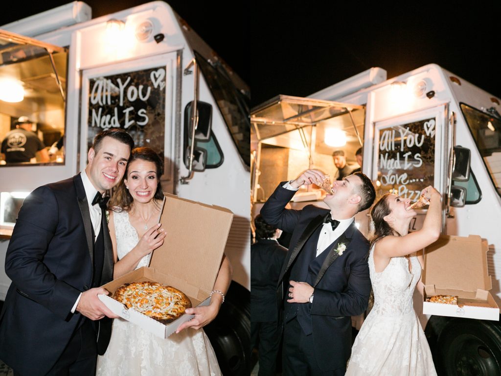 bride and groom have a pizza food truck at their wedding to make custom pizzas at Trump National Golf Club Westchester