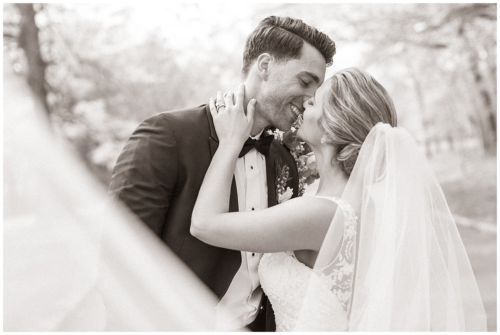romantic black and white bride and groom on wedding day in new jersey and eagle oak country club