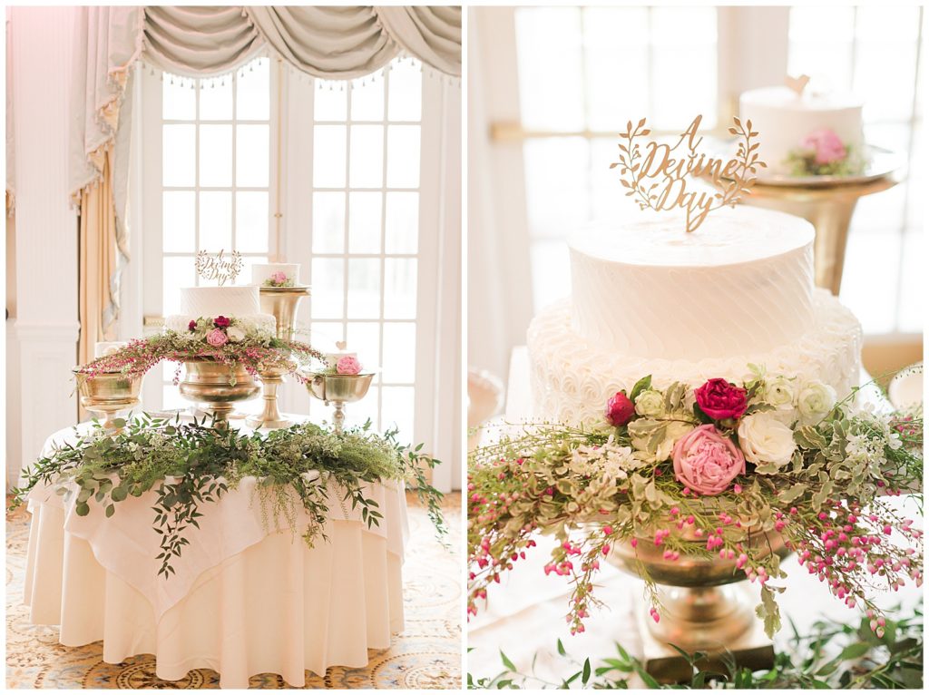 blush and gold wedding cake with all shades of pink wedding florals