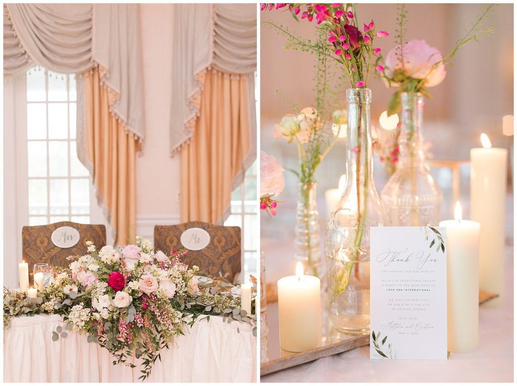 beautiful gold and pink florals and head table at wedding reception