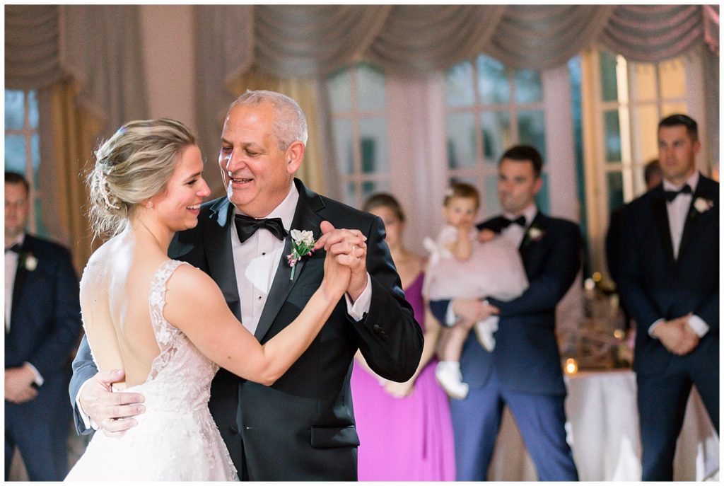 special daddy daughter first dance at pink and gold wedding reception at eagle oak wedding in new jersey