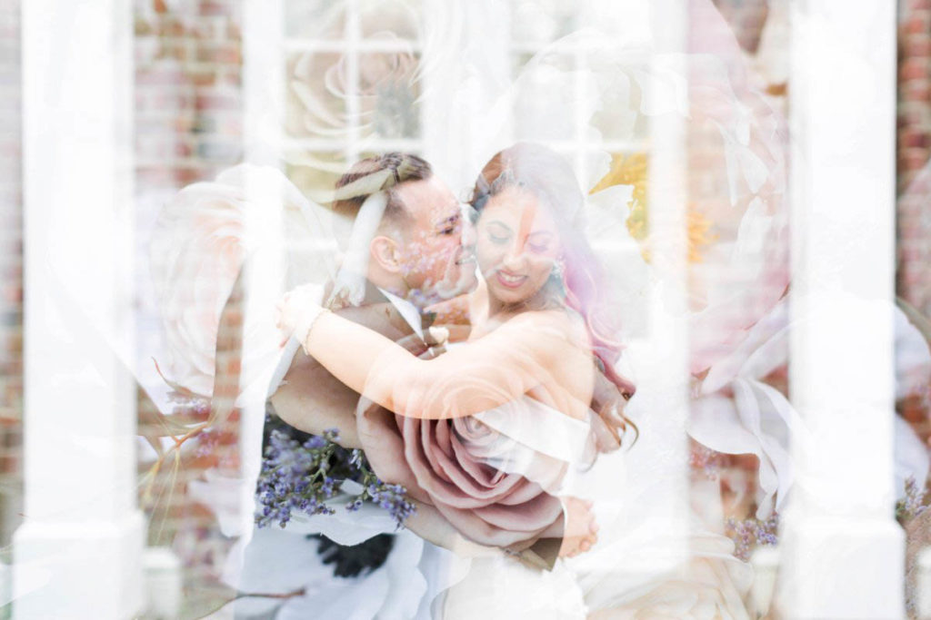 floral Double exposure with bride and groom