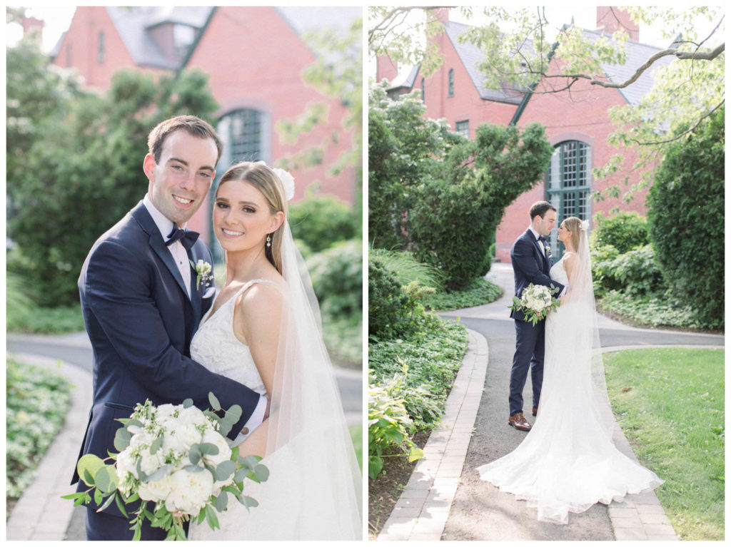 Bride and groom smiling at the Lawrenceville school