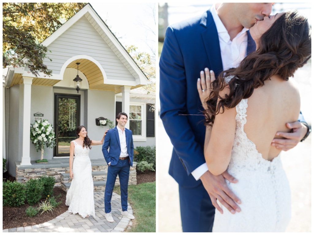 Front porch bride and groom first look